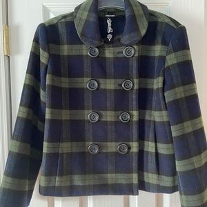 Plaid pea coat style jacket. Black watch plaid to-the waist, size M.